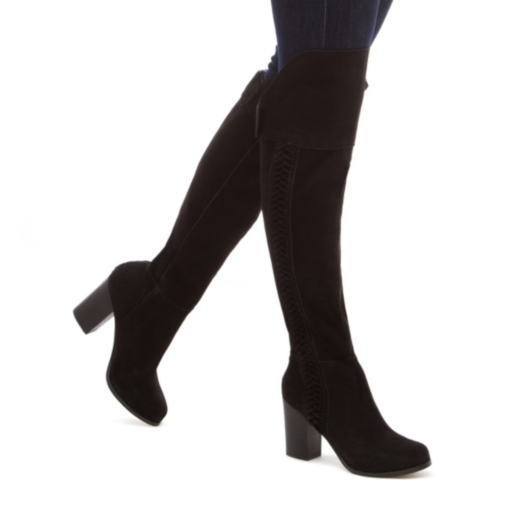 Dolce Vita Meyer 10 black suede OTK over the knee zip boots with braided detail